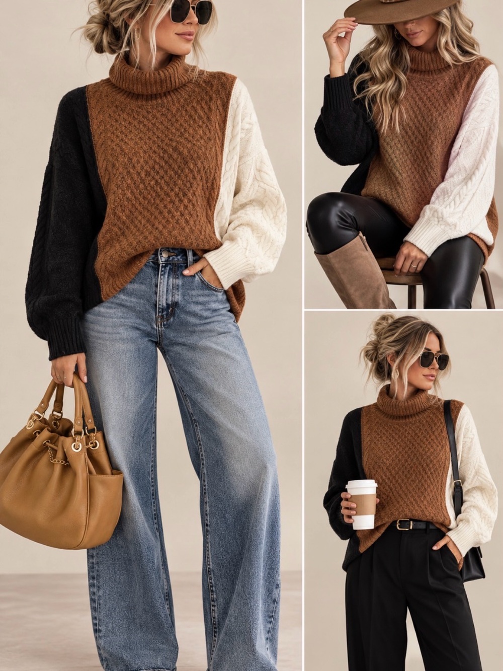 Colorblock Turtleneck Sweater in Brown/Black/Cream